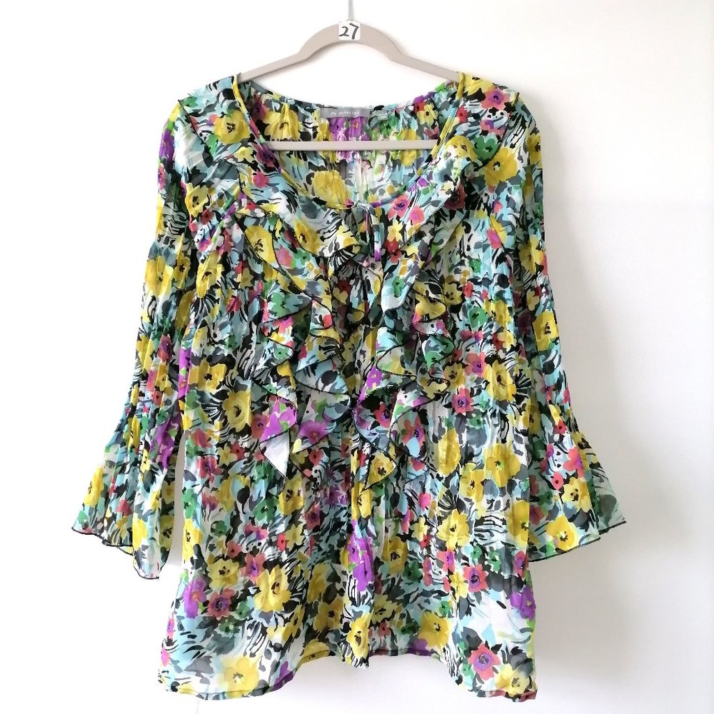 NY Collections Womens Multicolor Flared Sleeve Ruffle Floral Blouse Top Size L